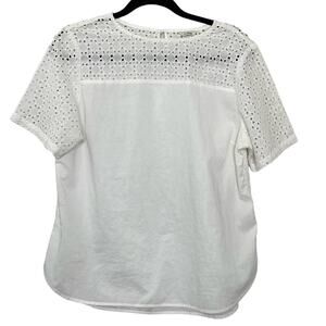 L.L. Bean Geometric Eyelet Trimmed Blouse 100% Cotton Short Sleeve White Medium‎